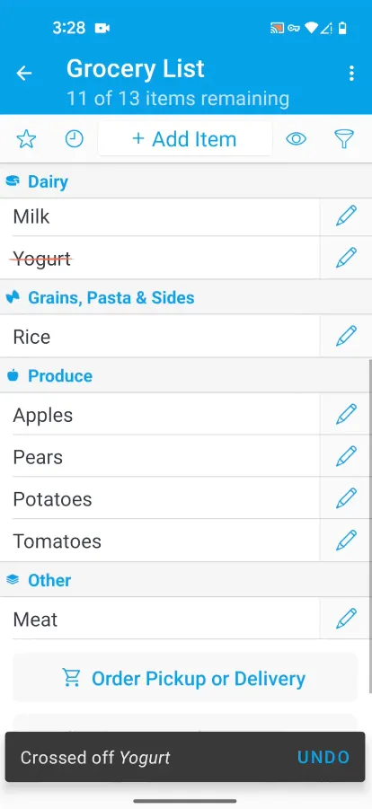 AnyList's Grocery List with 11 of 13 items remaining, grouped into Dairy, Grains Pasta and Sides, Produce and Other categories, with Milk, Rice, Apples, Pears, Potatoes, Tomatoes and Meat listed