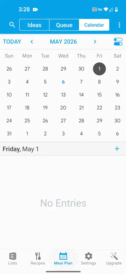 AnyList's Meal Plan Calendar tab for May 2026, showing the month grid with May 1 selected and a "No Entries" state below it, ready for recipes to be dropped onto specific days