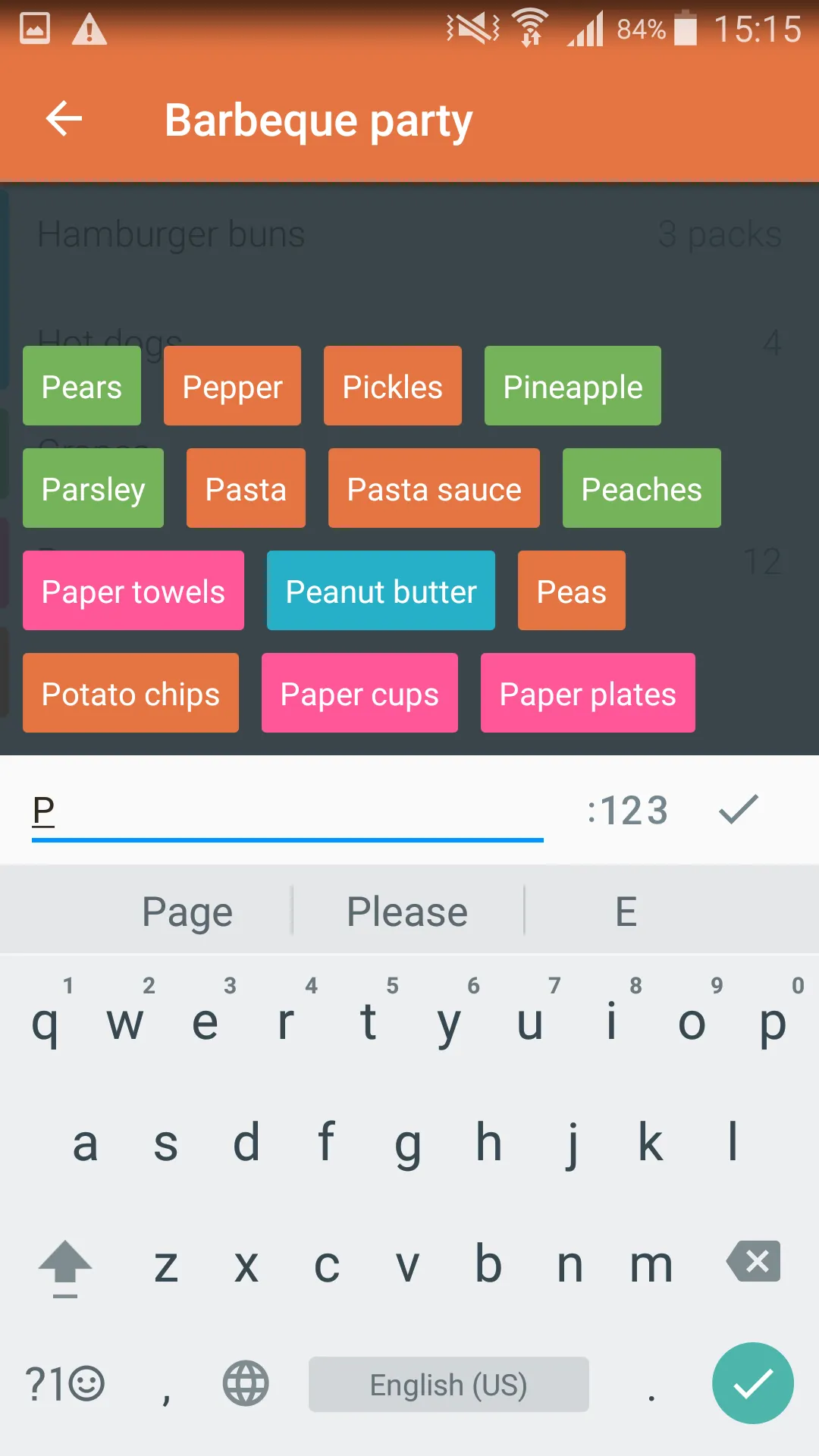 Buy Me a Pie!'s add-item screen with a "P" typed into the search field and color-tagged autocomplete suggestions including Pears, Pepper, Pickles, Pineapple, Parsley, Pasta, Peaches, Paper towels, Peanut butter, Peas, Potato chips, Paper cups and Paper plates