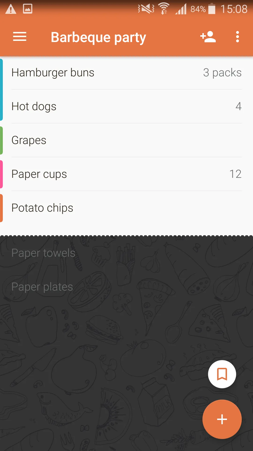 Buy Me a Pie!'s "Barbeque party" list with color-coded category tags down the left edge and items like Hamburger buns, Hot dogs, Grapes, Paper cups and Potato chips, each with a quantity