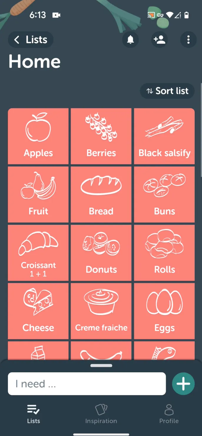 Bring!'s Home screen with a grid of icon tiles for items like Apples, Berries, Bread, Croissant, Cheese, and Eggs, each shown as a hand-drawn picture with a label