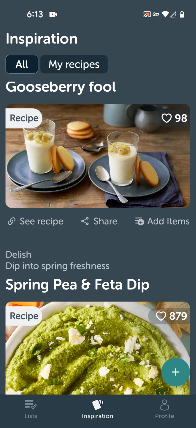 Bring!'s Inspiration feed showing recipe cards for "Gooseberry fool" with 98 likes and "Spring Pea & Feta Dip" with 879 likes, each with See recipe, Share and Add Items actions