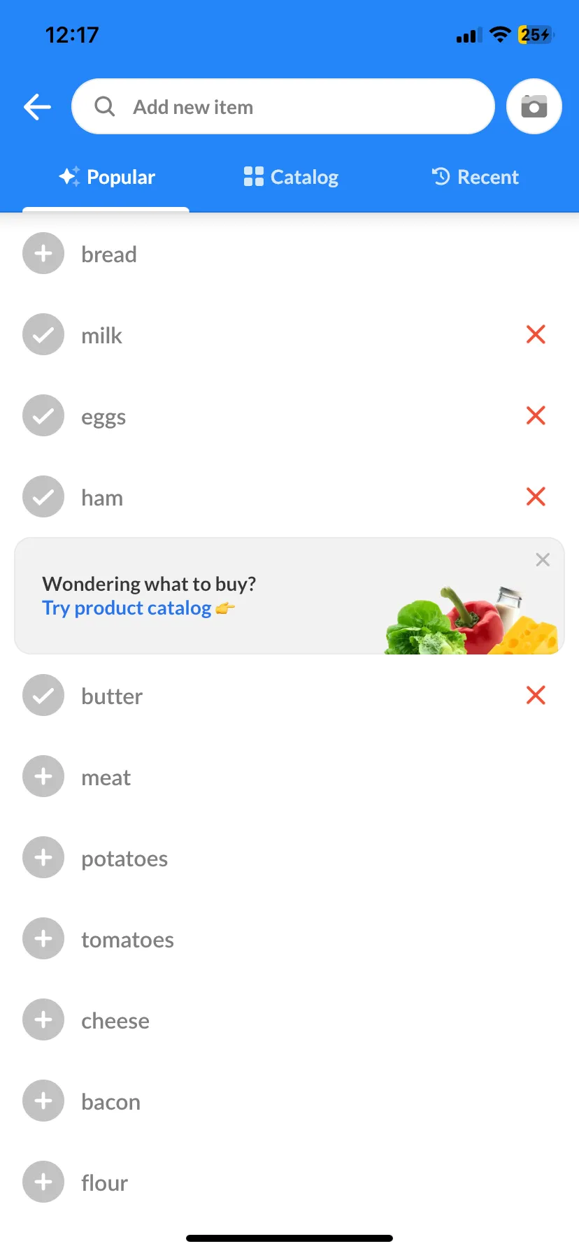 Listonic's add-item screen with Popular, Catalog and Recent tabs, offering bread, milk, eggs, ham, butter, meat, potatoes, tomatoes, cheese, bacon and flour as one-tap suggestions