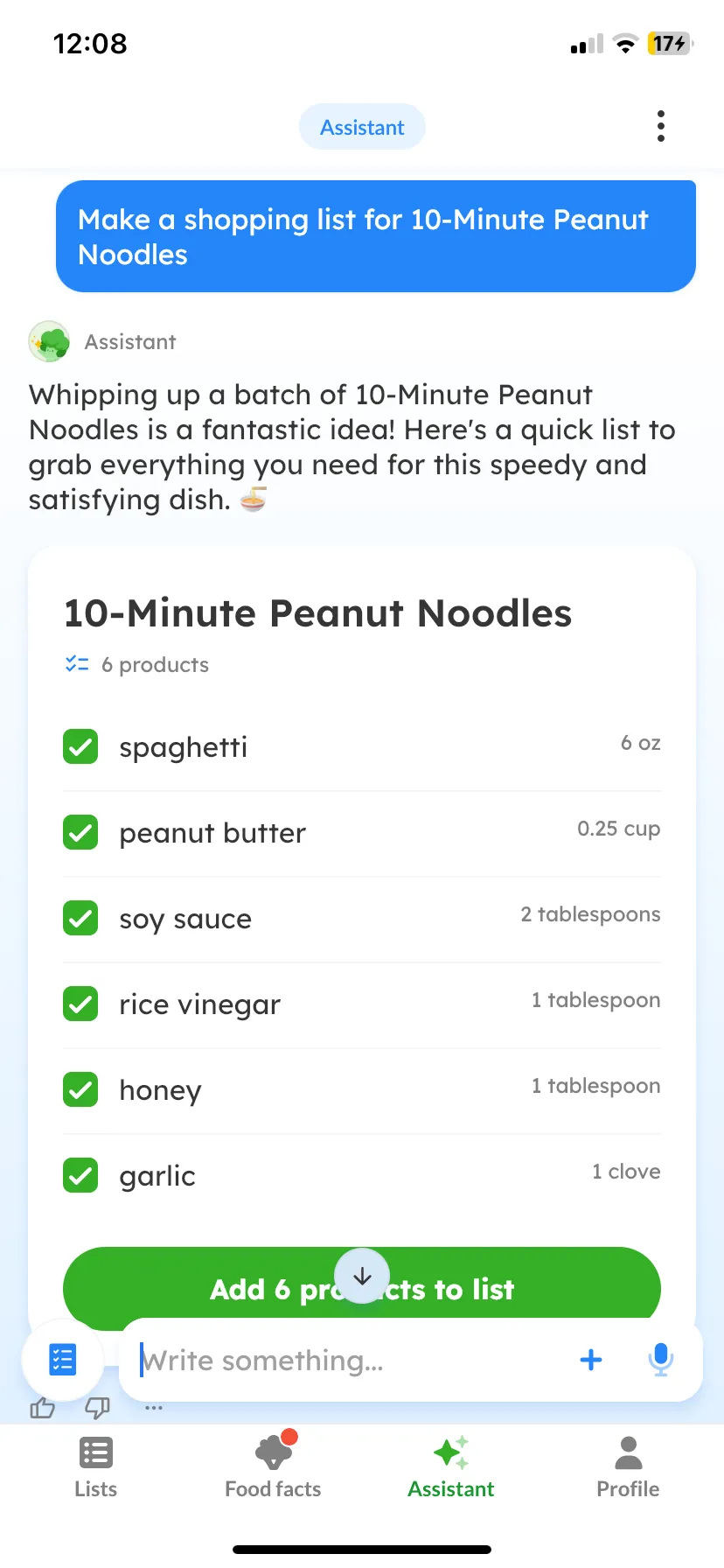 Listonic turning the same recipe into a shopping list of 6 products with quantities, spaghetti 6 oz through garlic 1 clove, above a green "Add 6 products to list" button