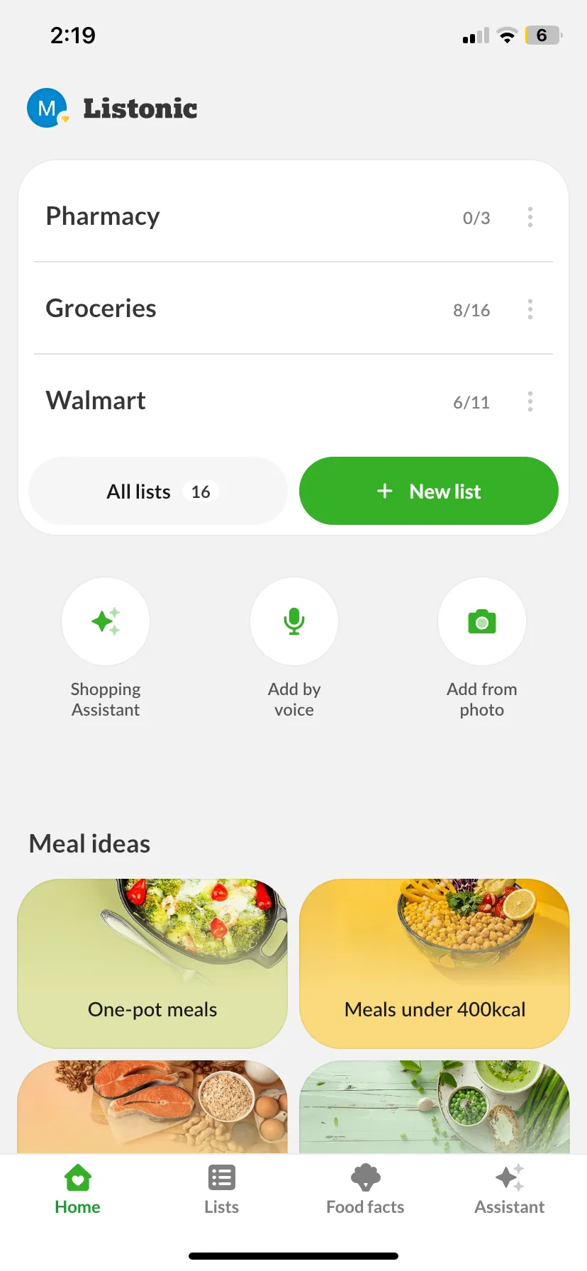 Listonic's home screen showing Pharmacy, Groceries and Walmart lists, Shopping Assistant, Add by voice and Add from photo buttons, and a row of meal-idea suggestions