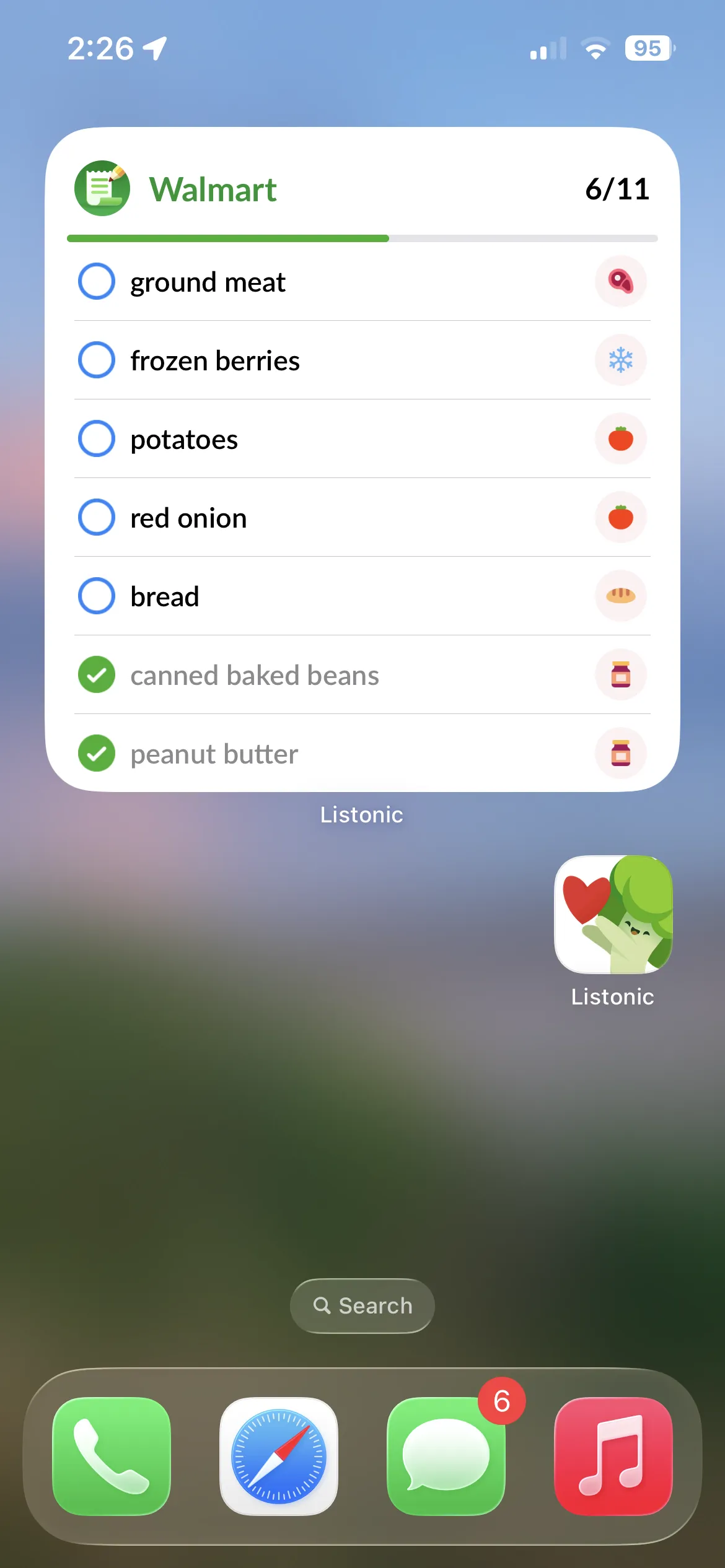 An iPhone home screen widget for a Listonic list, showing several items checked off with a progress bar