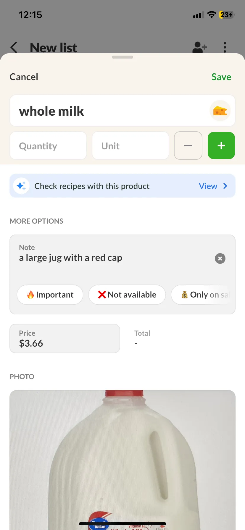 Listonic's item sheet for whole milk with quantity and unit fields, the note "a large jug with a red cap", Important, Not available and Only on sale tags, a saved price of $3.66 and a photo of the milk jug