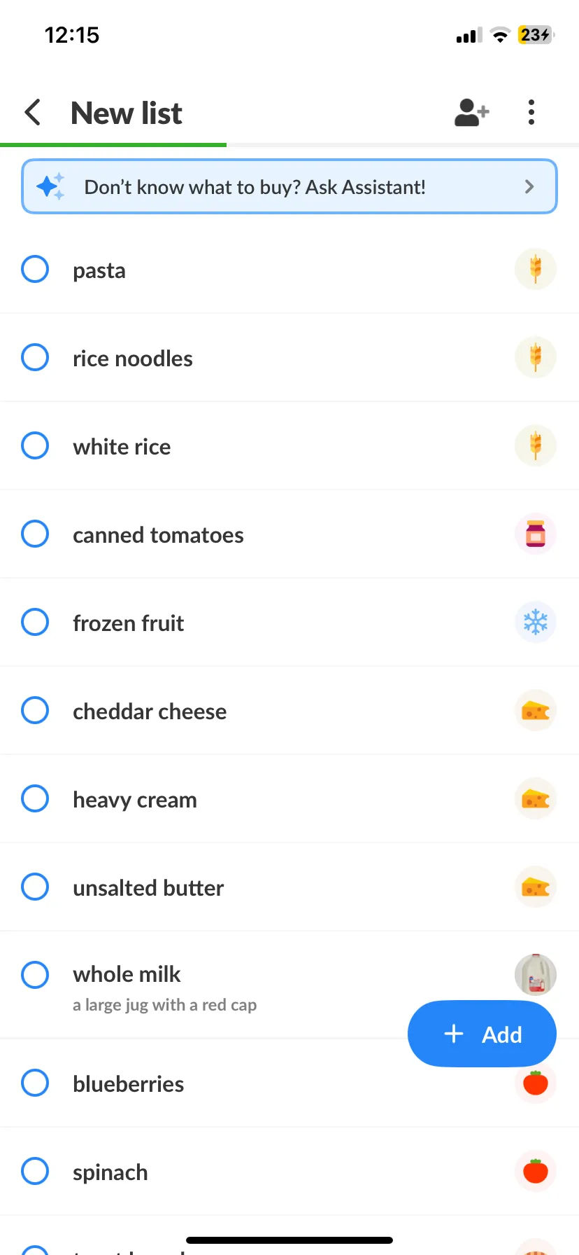 A Listonic grocery list holding pasta, rice noodles, white rice, canned tomatoes, frozen fruit, cheddar cheese, heavy cream, unsalted butter, whole milk, blueberries and spinach, each with a category icon, and the whole milk row carrying the note "a large jug with a red cap" and a photo thumbnail