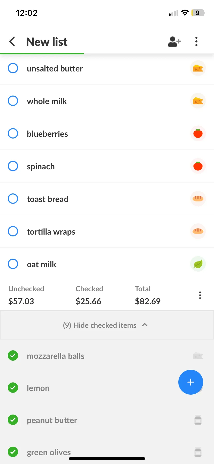 A Listonic list totalling unchecked items at $57.03, checked items at $25.66 and the whole list at $82.69, with nine crossed-off items collapsed below
