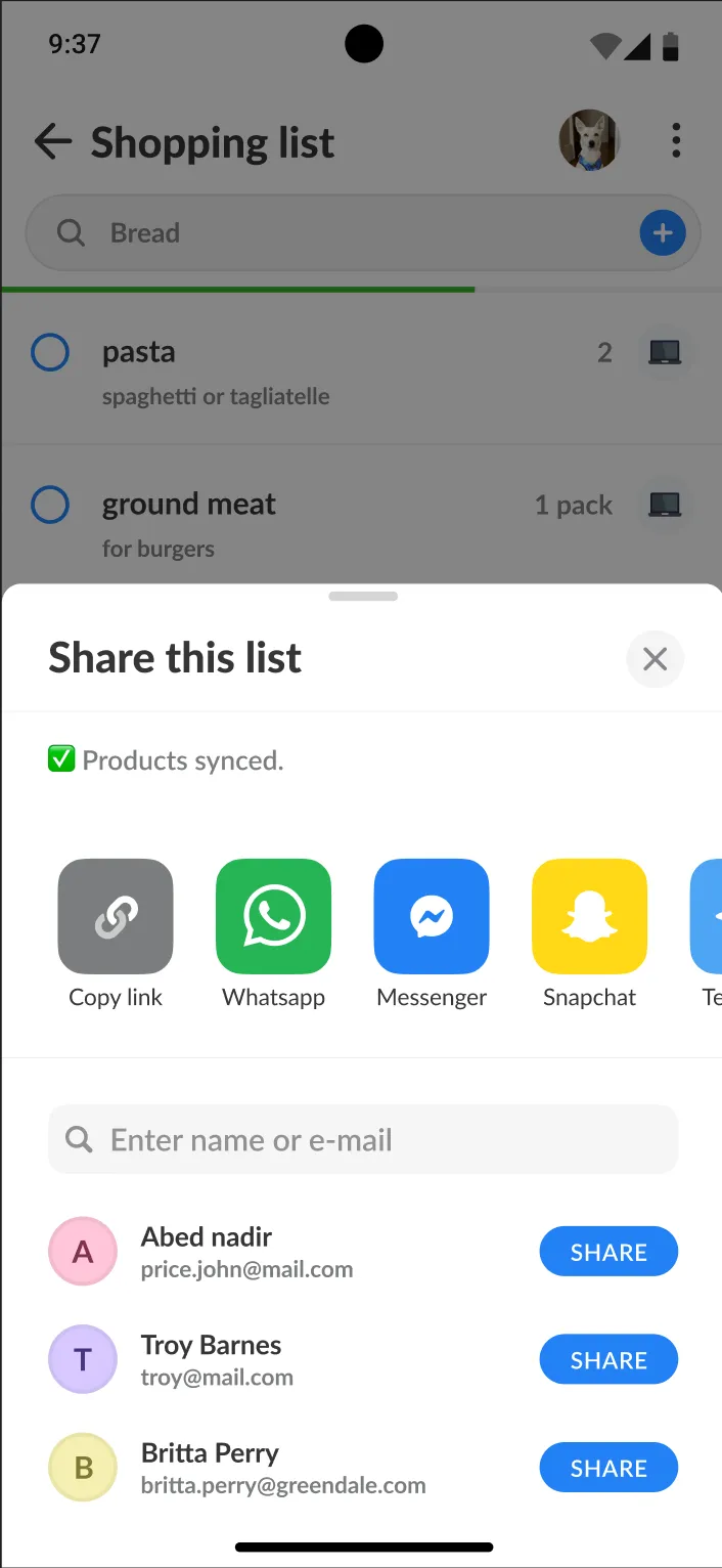 Listonic's share sheet titled "Share this list" with Products synced confirmed, Copy link, WhatsApp, Messenger and Snapchat buttons, and a list of people to share with directly