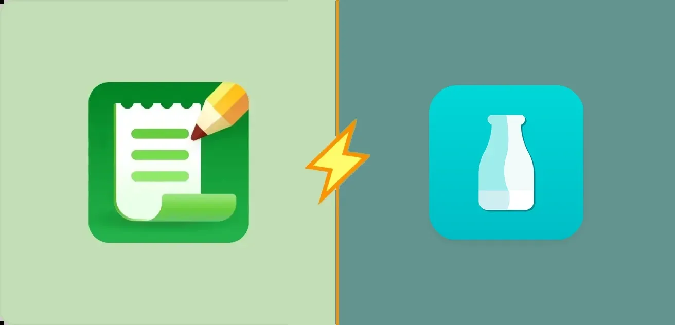 Listonic and Out of Milk app icons side by side, split by a lightning bolt